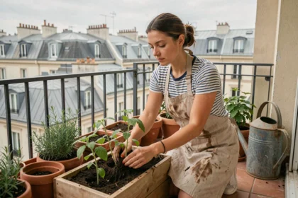 Femme installant des plants de tomates dans un bac en bois sur un balcon urbain avec vue sur les toits de la ville