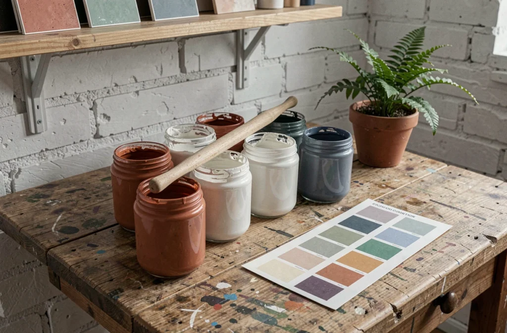 Pots de peinture naturelle écologique en pigments terracotta, blanc argile et indigo posés sur un établi en bois dans un atelier artisanal