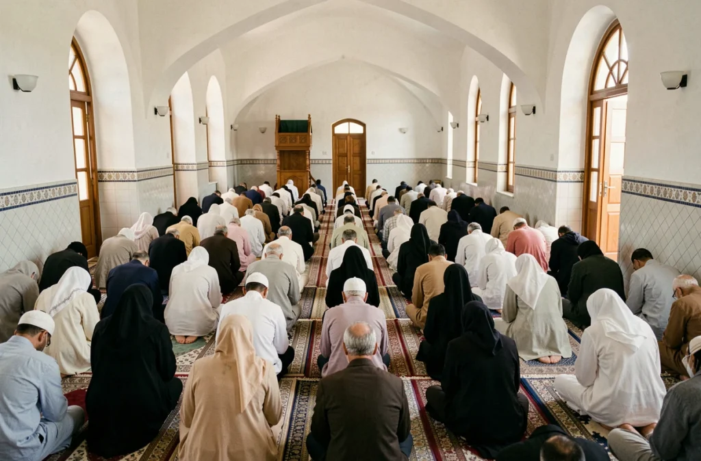 Fidèles musulmans en train de prier le vendredi lors de la prière du Jumua dans une mosquée à Toulon