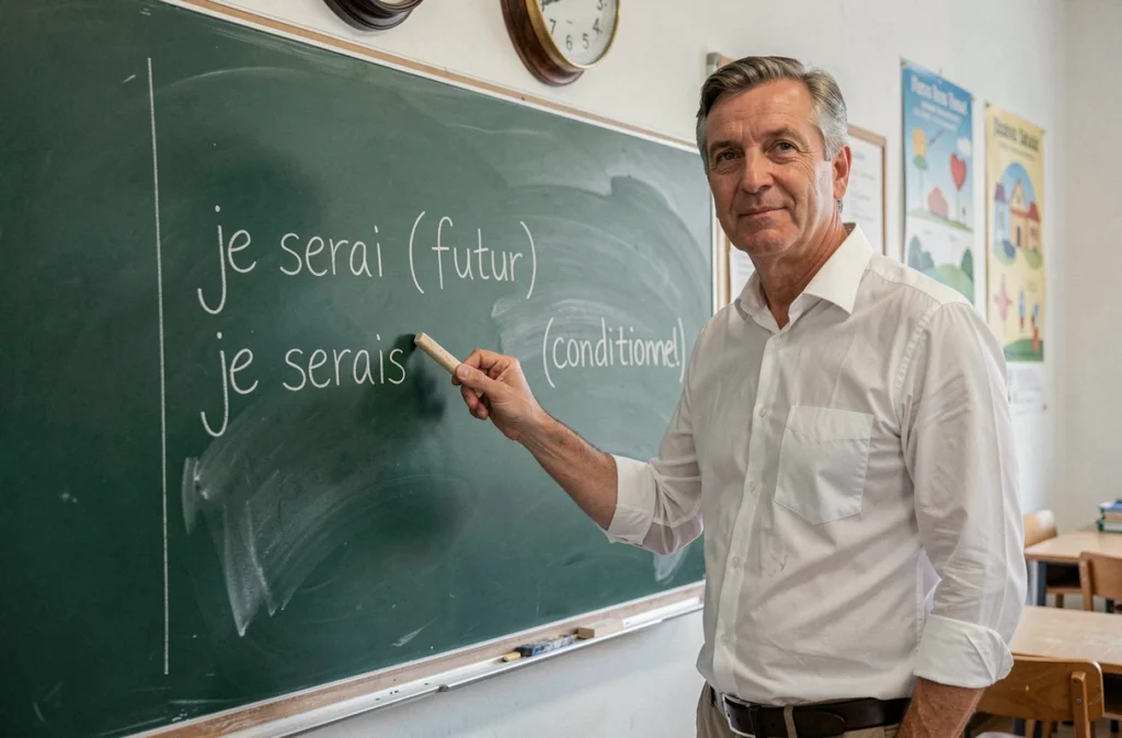 Professeur de français expliquant la différence entre je serai et je serais au tableau noir dans une salle de classe