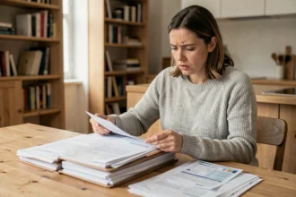 Femme cherchant sa carte grise parmi des documents administratifs sur une table en bois