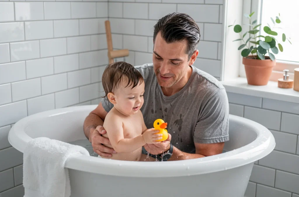 Père donnant le bain à son jeune enfant dans une salle de bain moderne et apaisante dans le cadre d'un rituel du soir familial