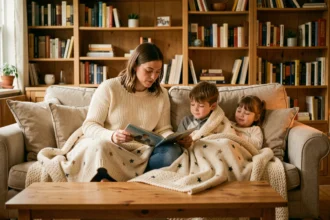 Mère lisant un livre à ses deux enfants enveloppés dans une couverture étoilée lors d'un rituel du soir apaisant en famille