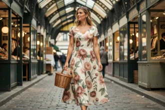 Femme portant une robe mi-longue à imprimé fleuri botanique dans un marché couvert parisien, tendance mode mi-saison