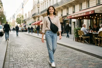 Jeune femme portant un sac banane noir en bandoulière dans une rue parisienne pavée