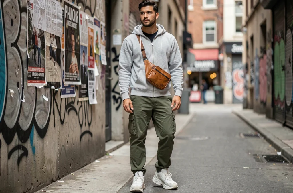 Homme en tenue streetwear portant un sac banane en cuir autour de la taille devant un mur urbain