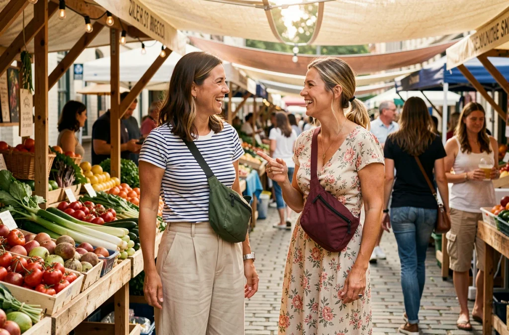 Deux femmes portant des sacs banane tendance dans des coloris différents lors d'un marché de rue animé