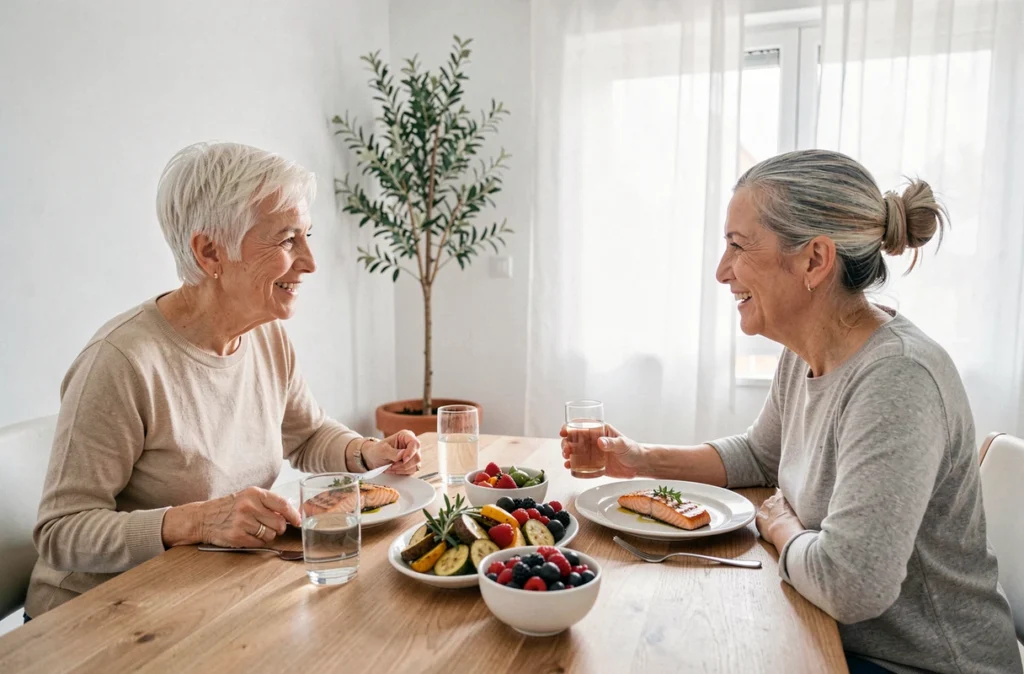Deux femmes seniors partageant un repas méditerranéen anti-inflammatoire avec saumon et légumes rôtis dans un appartement lumineux