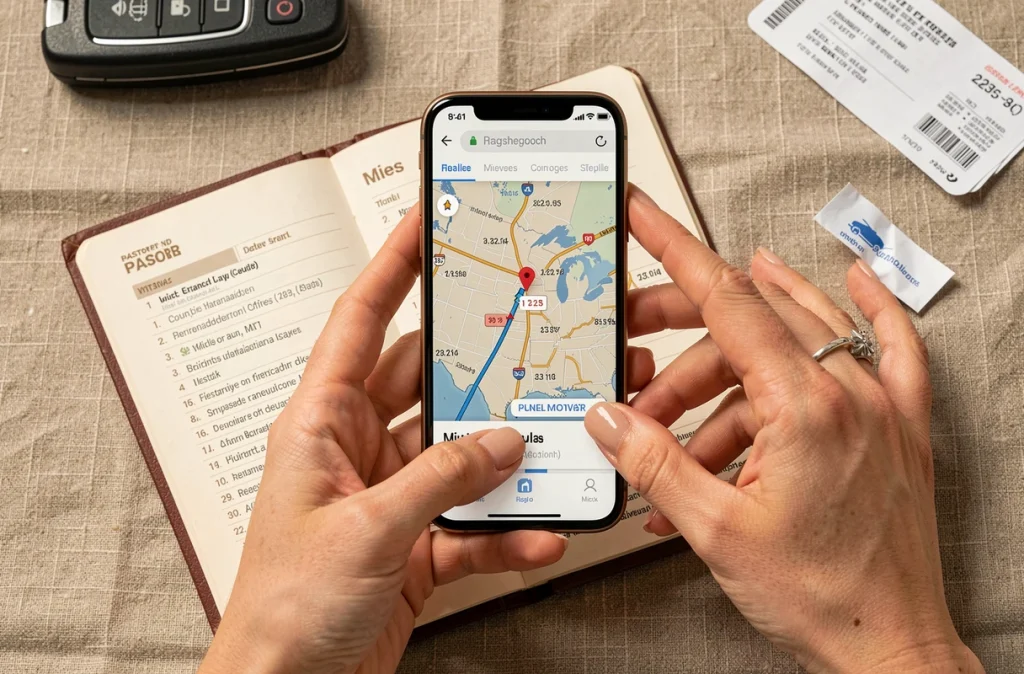 Mains féminines tenant un smartphone avec une carte GPS en miles entouré d'un passeport et d'un itinéraire imprimé pour un voyage aux États-Unis