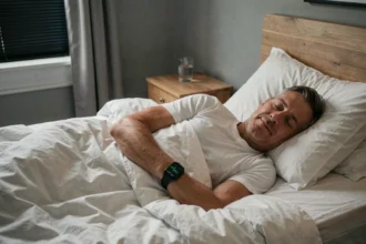 Homme de 45 ans endormi avec une smartwatch affichant sa fréquence cardiaque, illustrant l'impact du sommeil sur la santé cardiovasculaire