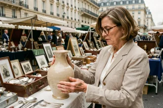 Femme examinant un vase ancien sur un stand aux puces de la Porte de Vanves à Paris