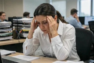 Femme stressée au bureau souffrant de fatigue chronique et d'épuisement professionnel, illustrant l'impact du stress sur l'immunité