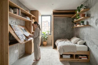Appartement studio urbain compact aménagé avec des meubles gain de place et une déco minimaliste scandinave