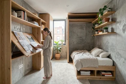 Appartement studio urbain compact aménagé avec des meubles gain de place et une déco minimaliste scandinave