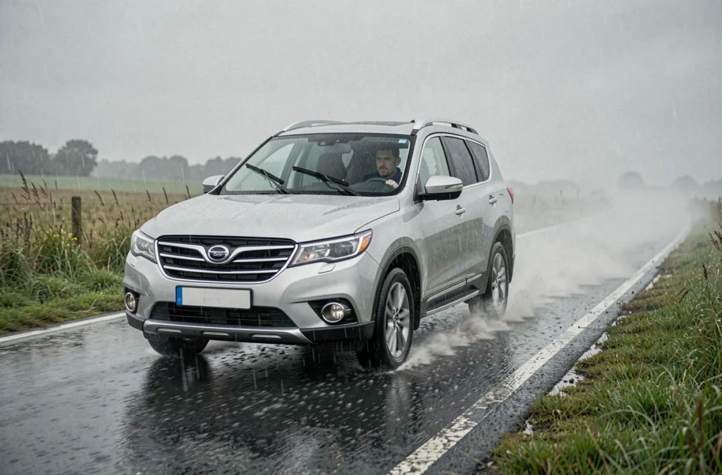 SUV ralentissant sur une route de campagne inondée sous une pluie battante, essuie-glaces en mouvement