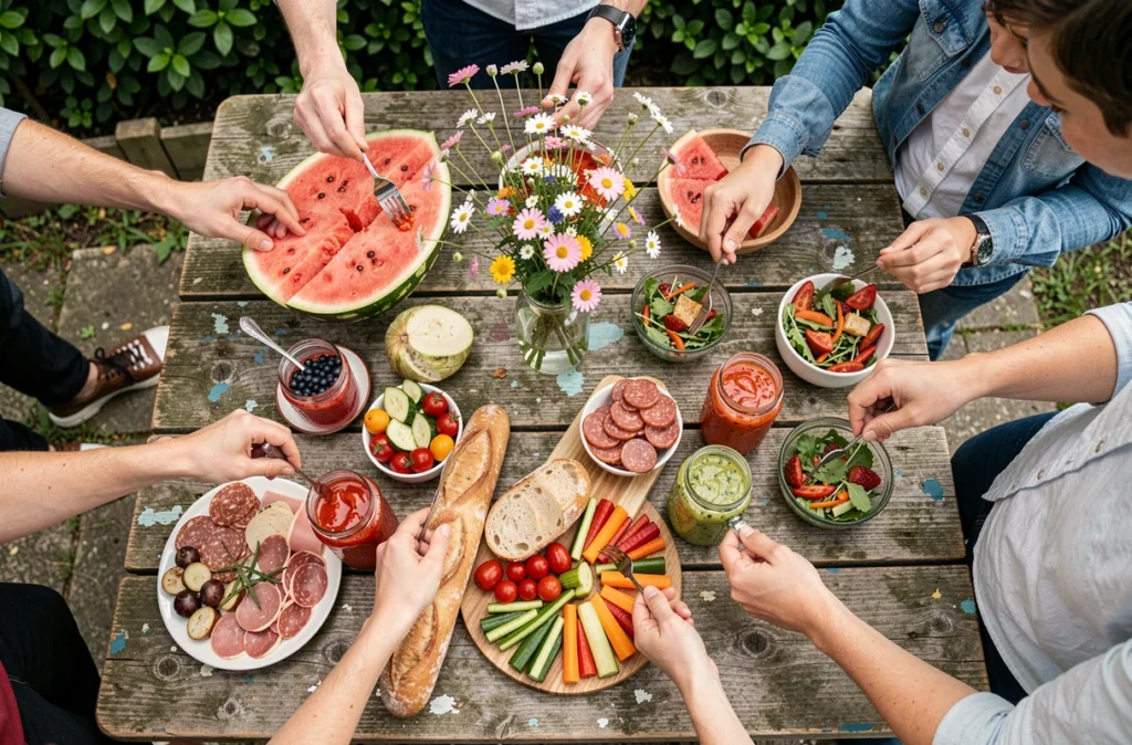 Vue aérienne d'une table de pique-nique rustique garnie de nourriture fraîche et colorée avec des mains tendues pour se servir en extérieur