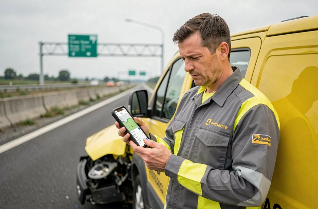 Technicien de dépannage autoroutier utilisant une application GPS sur smartphone à côté de son véhicule d'intervention