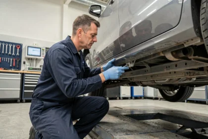 Technicien automobile inspectant le dessous d'une voiture lors d'un contrôle technique en 2024