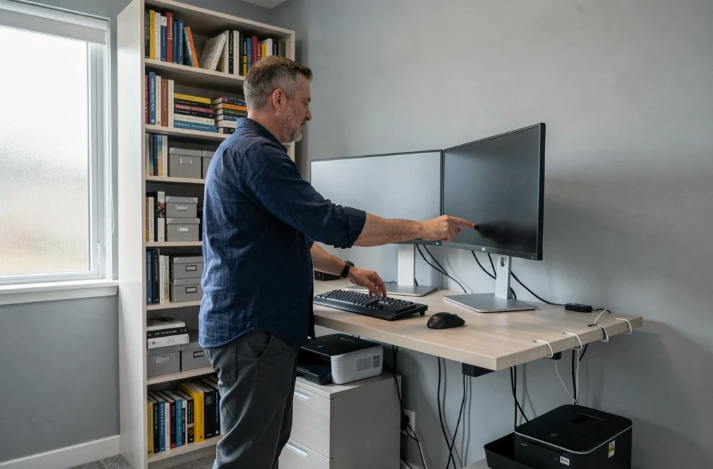 Homme debout devant un bureau réglable en hauteur dans un bureau à domicile aménagé avec double écran et étagères ordonnées