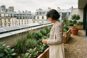 Femme sur le toit végétalisé d'une copropriété écoresponsable à Paris avec potager urbain et panneaux solaires