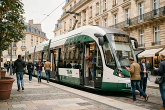 Tramway TAN à l'arrêt dans une place piétonne du centre-ville de Nantes avec des passagers qui montent à bord
