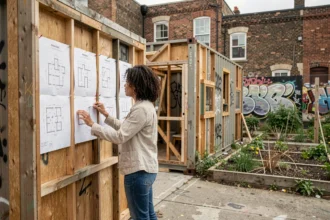 Femme architecte étudiant des plans dans un quartier en transition avec des installations urbaines temporaires en bois