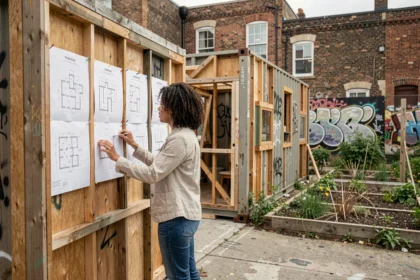 Femme architecte étudiant des plans dans un quartier en transition avec des installations urbaines temporaires en bois
