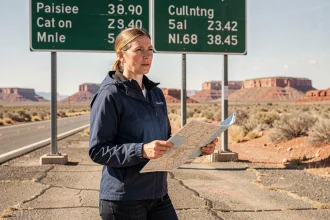Voyageuse consultant une carte routière devant un panneau de distance en miles aux États-Unis, paysage désertique en arrière-plan