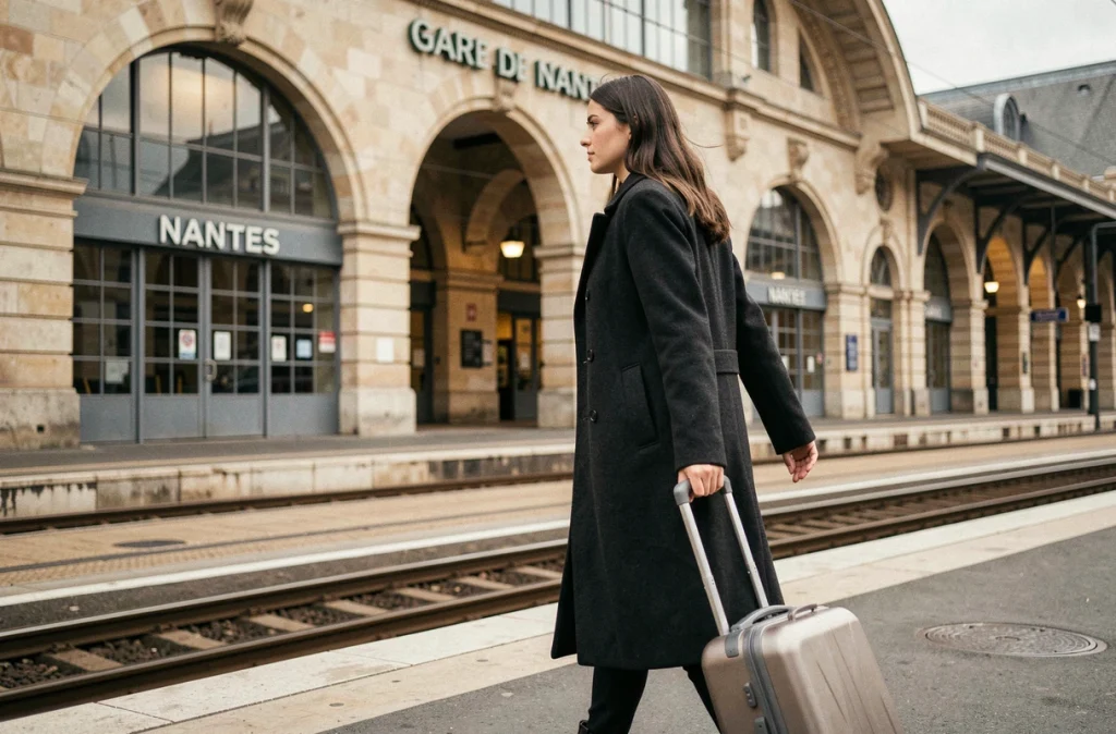 Voyageuse avec valise sur le quai du tramway devant la gare de Nantes