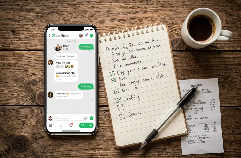 Vue aérienne d'un bureau organisé avec smartphone affichant le support Uber Eats, reçu de commande et checklist manuscrite pour préparer une réclamation
