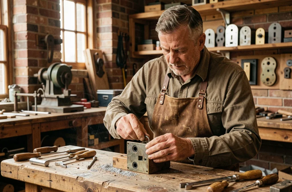 Artisan serrurier d'Abaca Artisans Associés assemblant une serrure traditionnelle dans son atelier