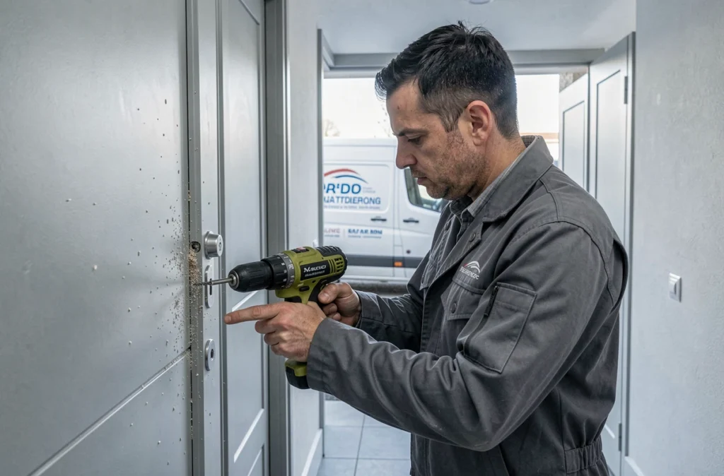 Technicien d'Armand Serrurerie perçant un cylindre de serrure sur une porte d'appartement moderne
