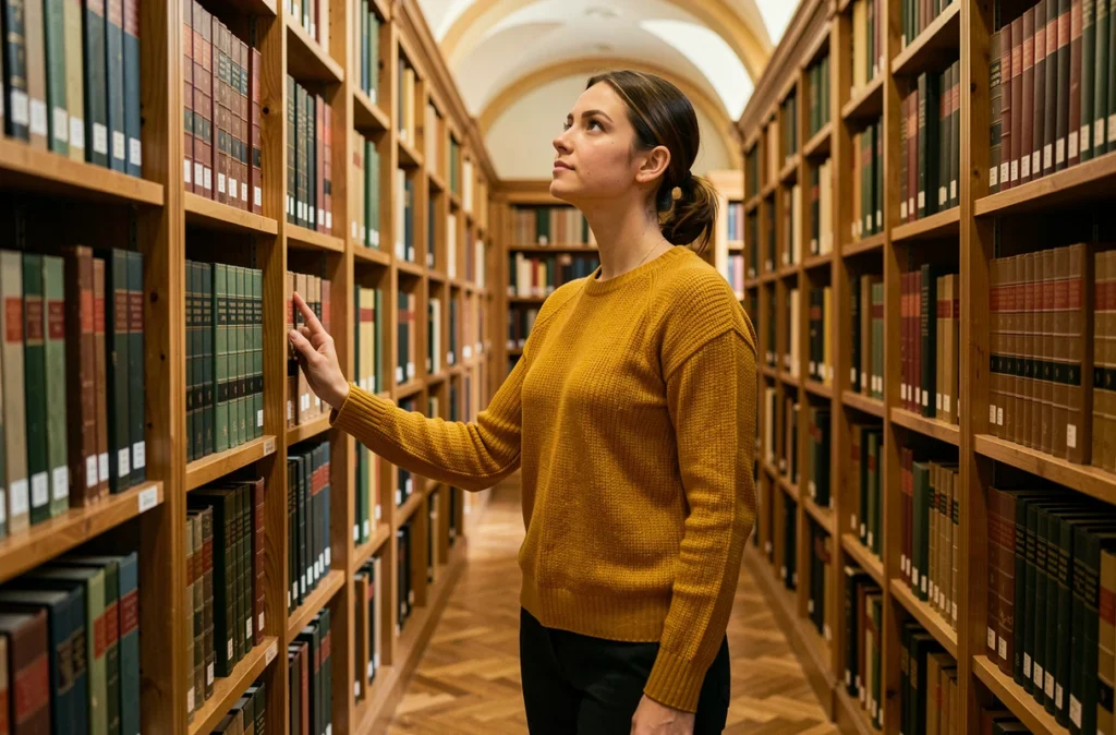 Jeune femme explorant des dictionnaires de rimes et lexiques poétiques dans une bibliothèque universitaire ancienne
