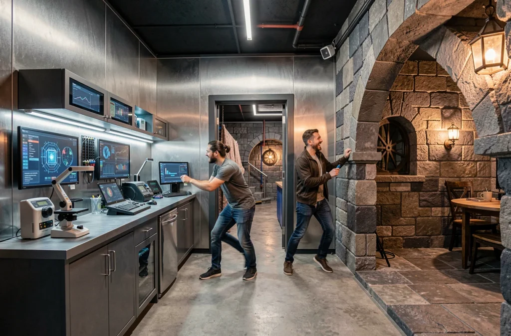 Joueurs explorant plusieurs salles multithématiques chez Brain L'Escape Game Rennes
