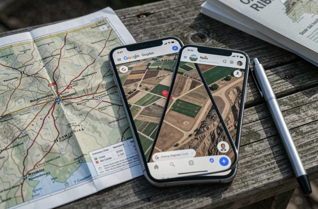 Carte topographique et smartphone avec Google Maps affichant un repère GPS pour la localisation 36.443588 6.026489