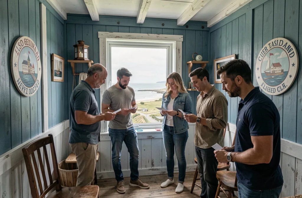 Joueurs faisant une pause près d'une fenêtre côtière dans l'escape game Émeraude Escape Game à Dinard