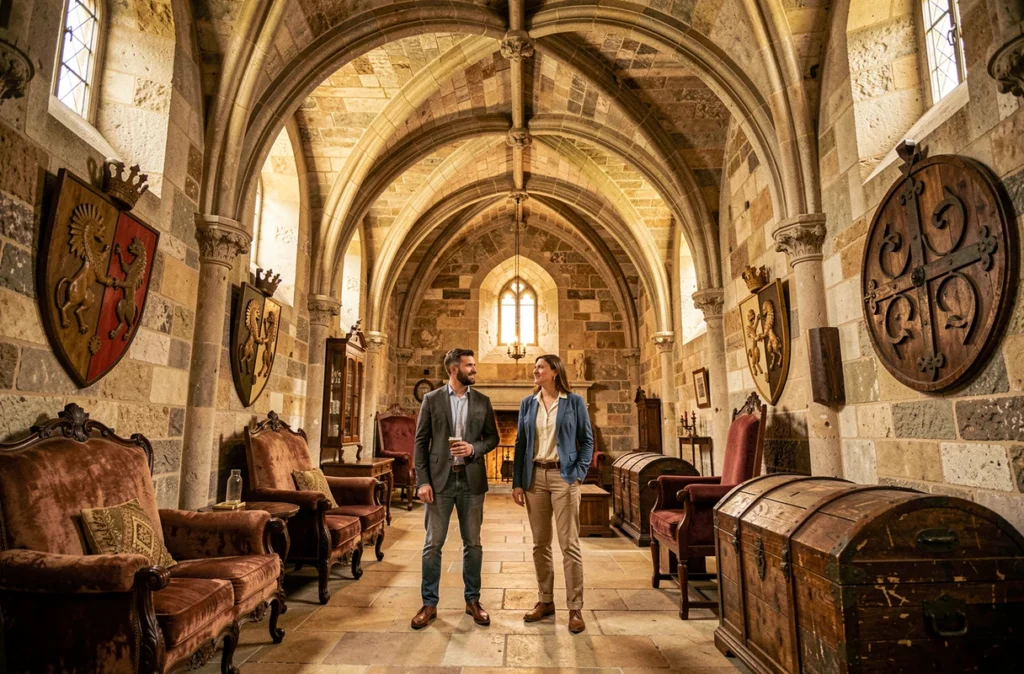 Joueurs découvrant la salle patrimoniale de l'Escape Game de la Baronnie dans un édifice historique à Saint-Malo