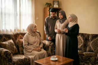 Famille musulmane multigénérationnelle réunie dans un salon, partageant un moment de recueillement et de respect culturel après un deuil