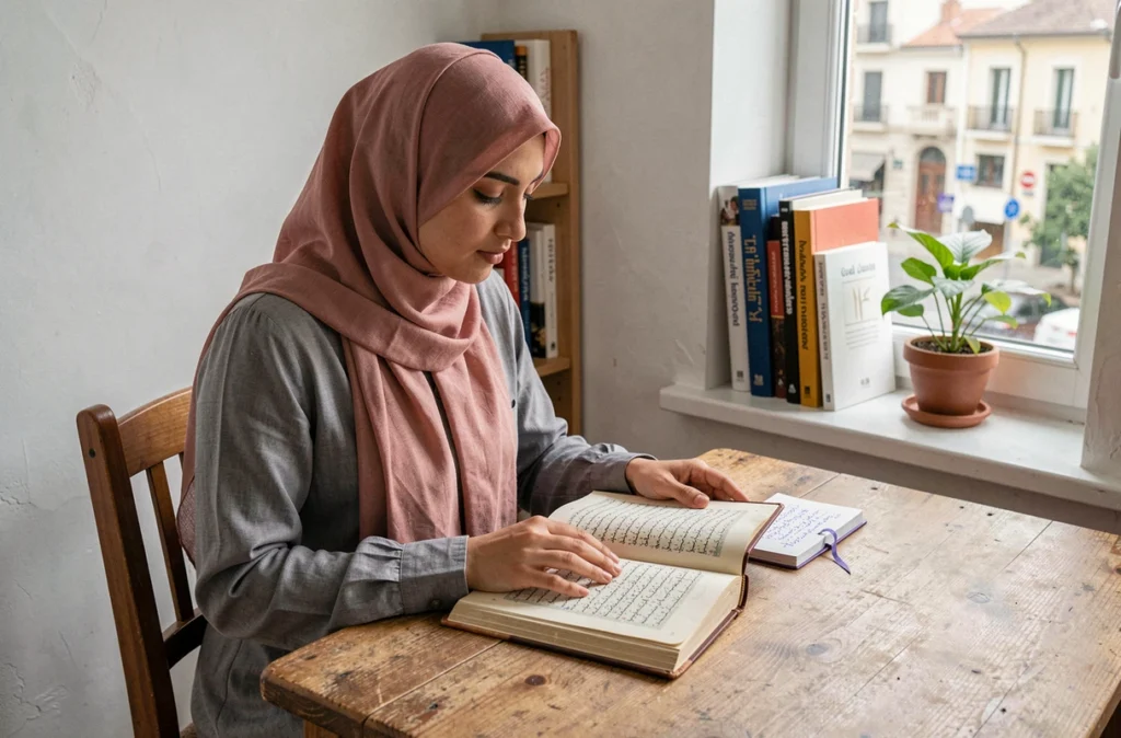 Jeune femme voilée étudiant les formules islamiques de condoléances comme Allah yarham dans un bureau à domicile