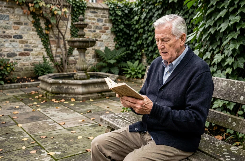 Homme âgé lisant un recueil de poésie dans un jardin en pierre avec une atmosphère calme et littéraire