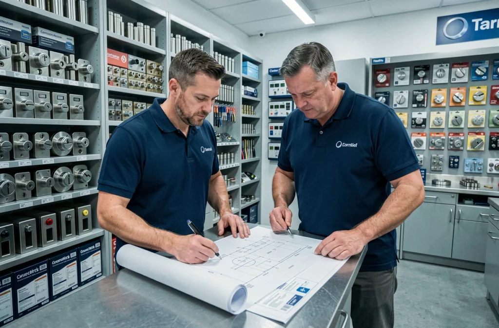 Deux maîtres serruriers des Maîtres Serruriers examinant des plans techniques dans leur boutique professionnelle