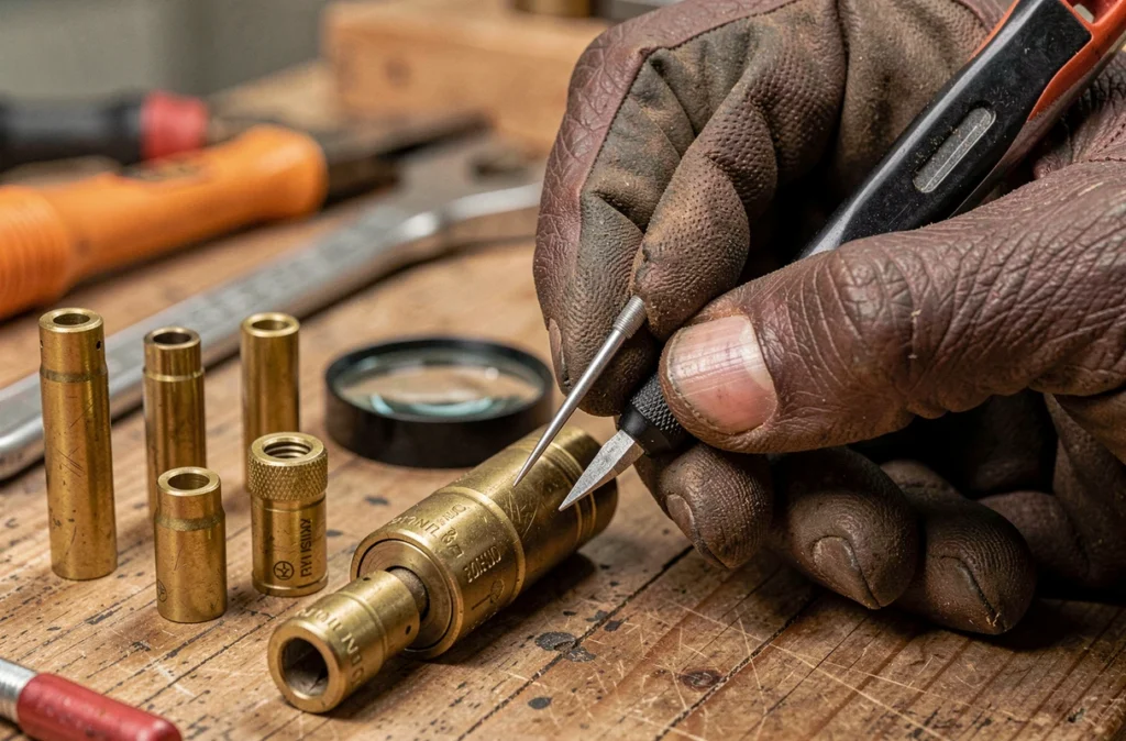 Gros plan sur les mains expertes d'un serrurier manipulant un cylindre de serrure haute sécurité