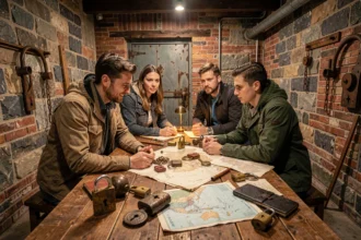 Groupe de joueurs explorant une salle d'escape game en Ille-et-Vilaine avec énigmes et cadenas sur une table