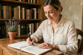 Femme écrivant des vers rares dans un carnet avec une plume vintage dans un bureau en bois entouré de livres de poésie