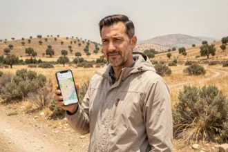 Randonneur consultant Google Maps pour naviguer vers les coordonnées GPS 36.443588, 6.026489 en Algérie