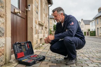Serrurier professionnel intervenant en urgence devant une porte résidentielle en Loire-Atlantique
