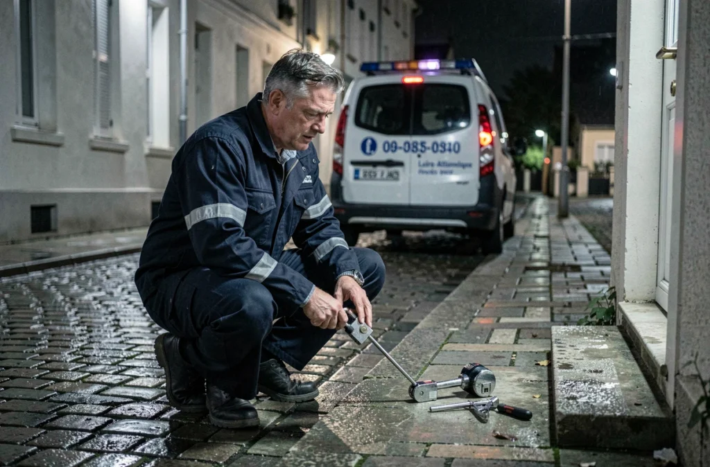 Serrurier d'urgence intervenant de nuit devant une porte résidentielle en Loire-Atlantique