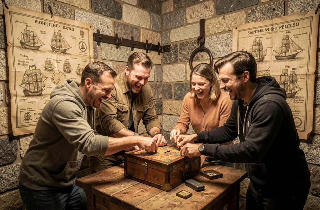 Groupe enthousiaste explorant une salle historique de l'escape game Via Ludus à Saint-Malo