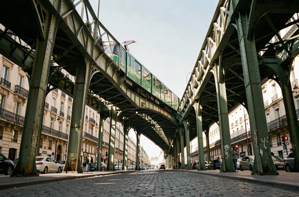 Perspective en contre-plongée sur la structure métallique surélevée du métro ligne 6 boulevard de Grenelle à Paris